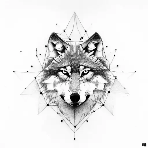 Wolf With Half Geometric And Half Realism And Eyes Blue
