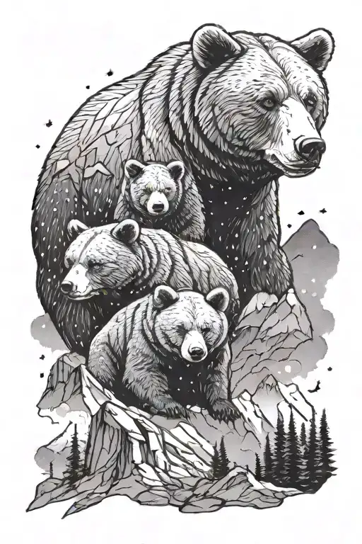 Big Calm Bear With Two Little Bears In Front Of A Mountain And Milky Way In The Sky