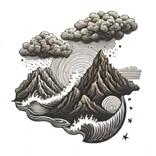 A Thunderstorm Brewing Over A Rugged Mountain Range With A Lone Surfer Catching A Wave Below