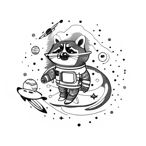 Raccoon Dressed As An Astronaut Floating In The Space With Stars And Planets