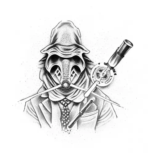 A Dotwork Tattoo Of A Plague Doctor Holding A Syringe Filled With A Mysterious Black Liquid
