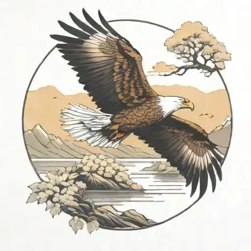 A Majestic Eagle Soaring Above A Serene River Surrounded By Lush Woods And Mountains