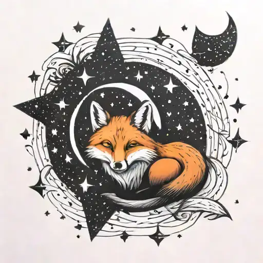 Fox And A Crescent Moon Surrounded By Stars