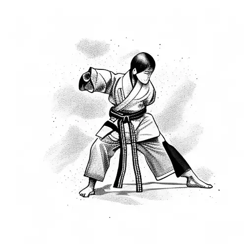 Karate Competitor In A Kimono And A Black Belt Punching To The Side