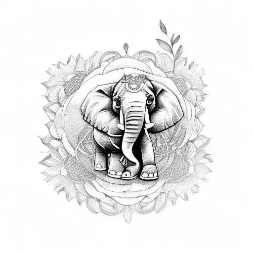 Big And Small Elephant With Flowers