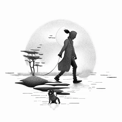 A Silhouette Of A Person Walking Their Dog In A Serene Outdoor Setting