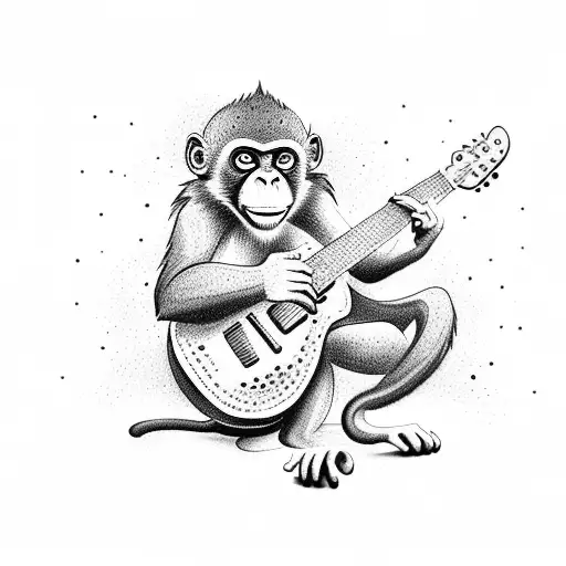 A Dotwork Tattoo Of A Monkey Playing Guitar In A New Zealand Landscape