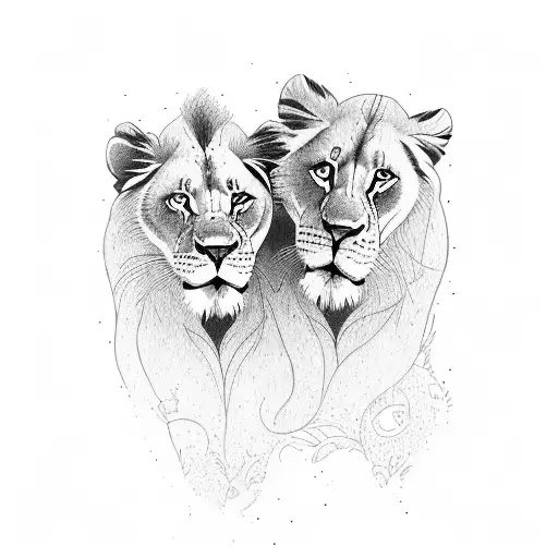 Lion Couple And Three Cubs