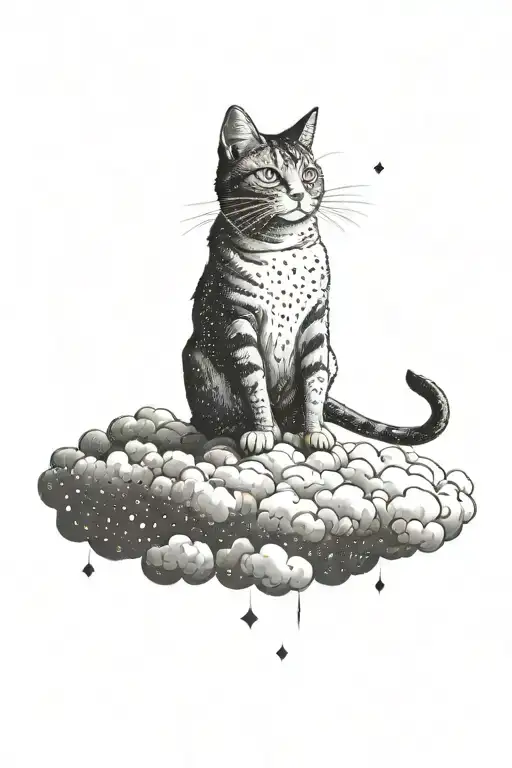 Cat Flying On A Broom Above The Clouds