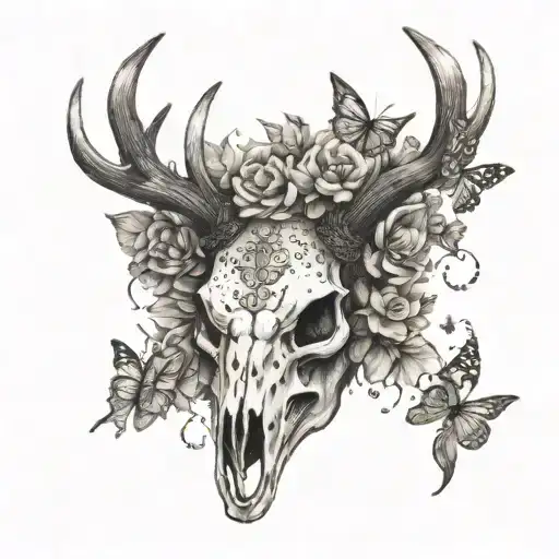 Stag Skull With Small Butterflies