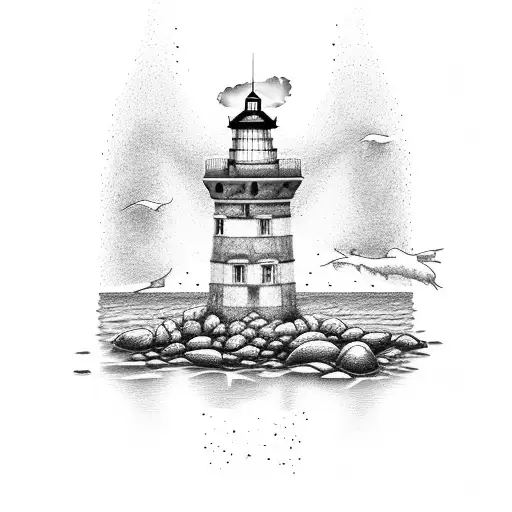 A Dotwork Tattoo Of A Lighthouse Standing Tall On The Rugged Coastline Of Santiago De Compostela