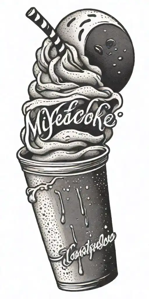 A Dotwork Tattoo Of A Milkshake With Liya Taylor Name Written In A Stylish Font