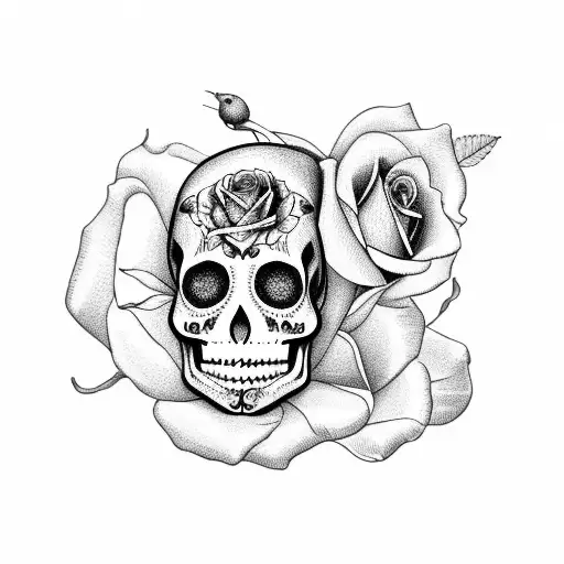 Baby Angel Laying On 2 Roses With A Sugar Skull Beneath The Roses