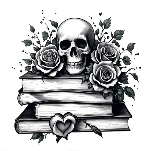 Stack Of Books Where Rose Tendrils Are Around With A Skeleton Or Skull And A Heart