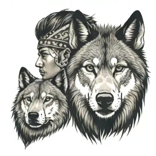 Indios Male Portrait And Wolf Head Beside