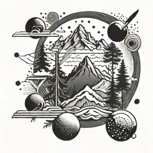 An Abstract Design Combining Exercise Equipment And Outdoor Elements Like Trees And Mountains