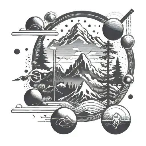 An Abstract Design Combining Exercise Equipment And Outdoor Elements Like Trees And Mountains