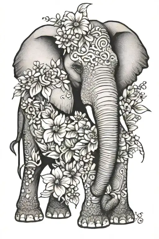 Elephant With Flowers Incorporating Music Note Intertwined