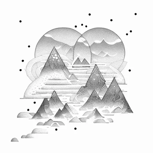 An Intricate Dotwork Design Featuring A Serene Ocean Sunset Behind Towering Mountains