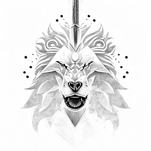 Fire Lion Ice Wolf Sword In The Middle And An Eagle