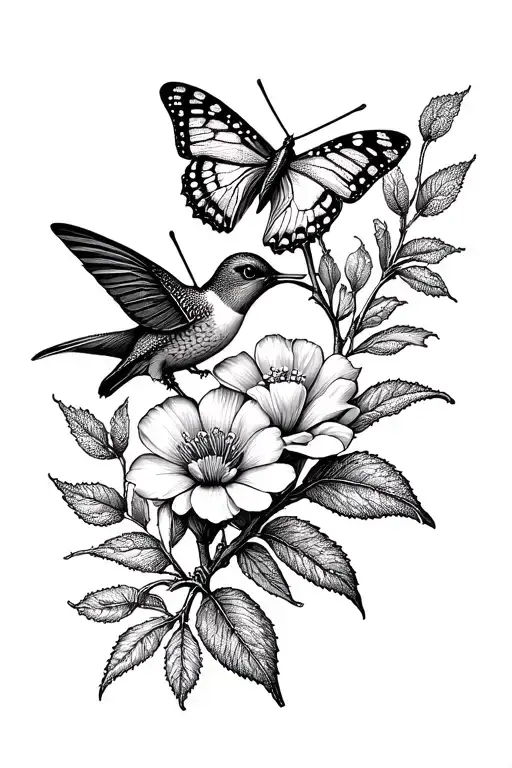 Flower Branch With Butterfly And Hummingbird