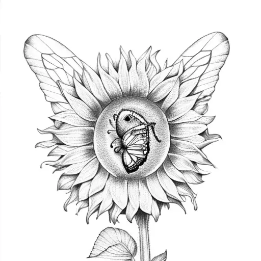 A Yellow Butterfly Emerging From A Sunflower Bud In Dotwork Style