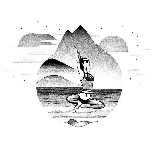 A Silhouette Of A Person Doing Yoga On A Beach With Mountains In The Background