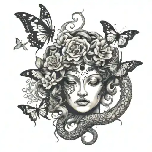 Fine Line Medusa Head And Hand With Butterflies And Flowers In The Snakes