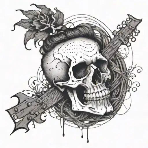 Desin A Tattoo Of A Skull With Guitar Strings As Hair