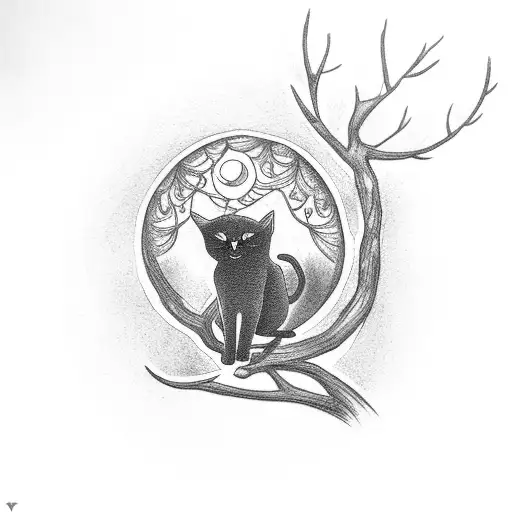 A Mystical Black Cat Perched On A Tree Branch With A Full Moon In The Background