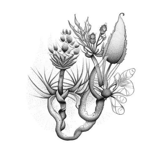 A Botanical Illustration Of Various Australian Native Plants In A Dotwork Style Half-sleeve