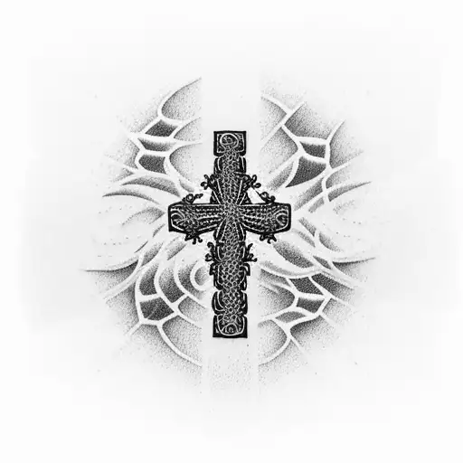 Design A Dotwork Tattoo Of A Cross Made Of Golf Tees With Waves Crashing In The Background