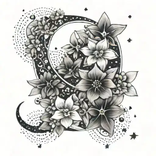 A Constellation Of Flowers And Stars With A Crescent Moon