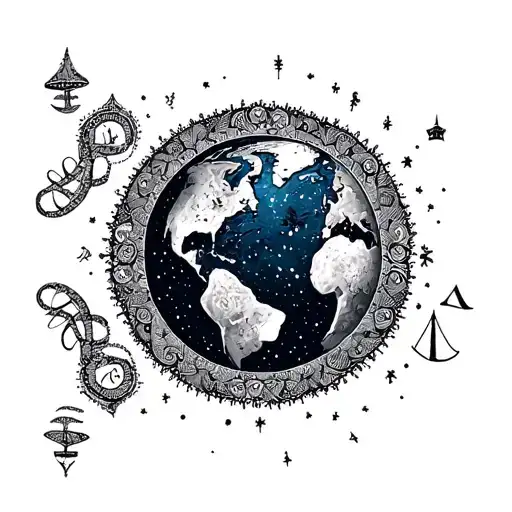 Planet Earth With Zodiac Sign Aquarius And Libra Combined And Framed With The Style Of A Mandala