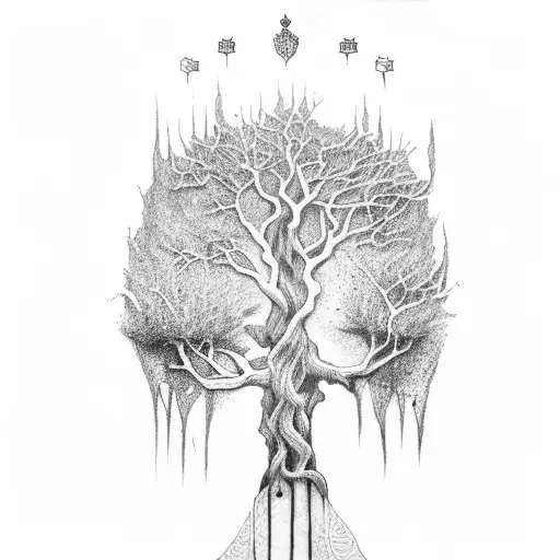 Tree With A Crown Overhead And Blood Drips Underneath The Tree