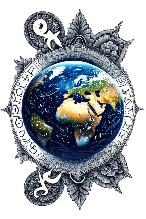 Planet Earth With Zodiac Sign Aquarius And Libra Combined And Framed With The Style Of A Mandala
