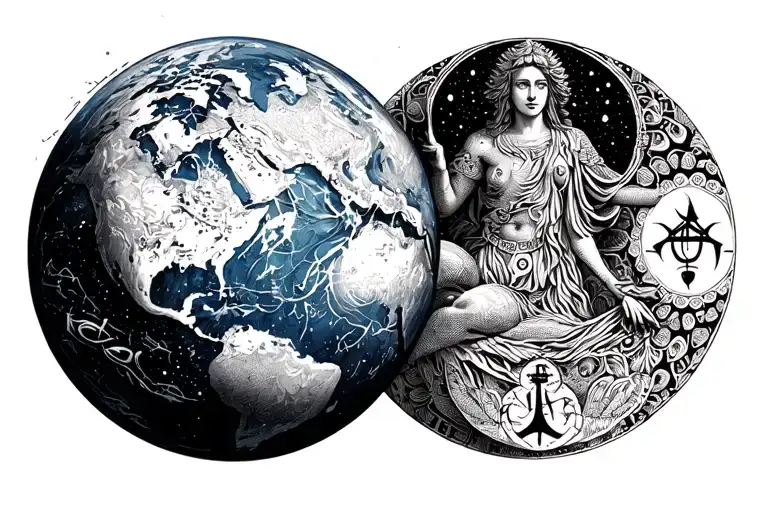 Planet Earth With Zodiac Sign Aquarius And Libra Combined And Framed With The Style Of A Mandala
