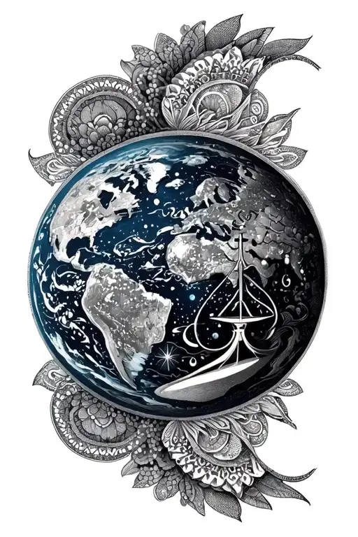 Planet Earth With Zodiac Sign Aquarius And Libra Combined And Framed With The Style Of A Mandala