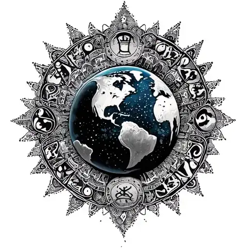 Planet Earth With Zodiac Sign Aquarius And Libra Combined And Framed With The Style Of A Mandala