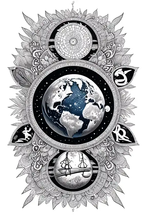 Planet Earth With Zodiac Sign Aquarius And Libra Combined And Framed With The Style Of A Mandala