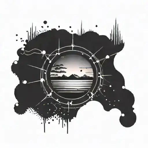 Create A Tattoo Design That Merges Art-inspired Elements With Coding Symbols In A Sunset Setting