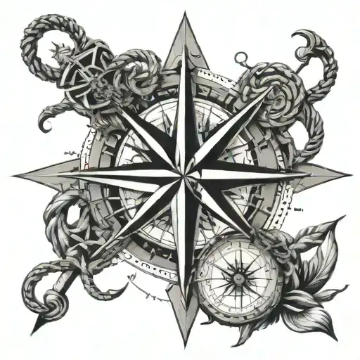 A Detailed Compass Rose With Nautical Elements Like Anchors And Ropes
