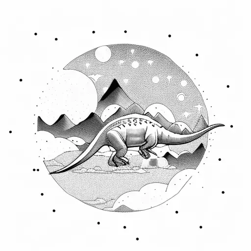 Dinosaur Floating With Mountains And Aurora Borealis In The Background