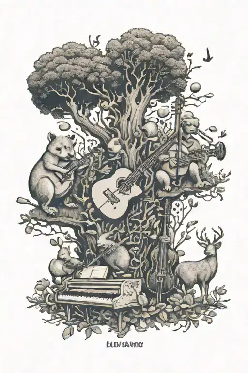 A Family Of Animals Running Through A Forest Filled With Musical Instruments