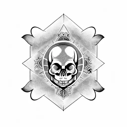 Dotwork Tattoo Of A Skull With Religious Symbols And A Police Badge