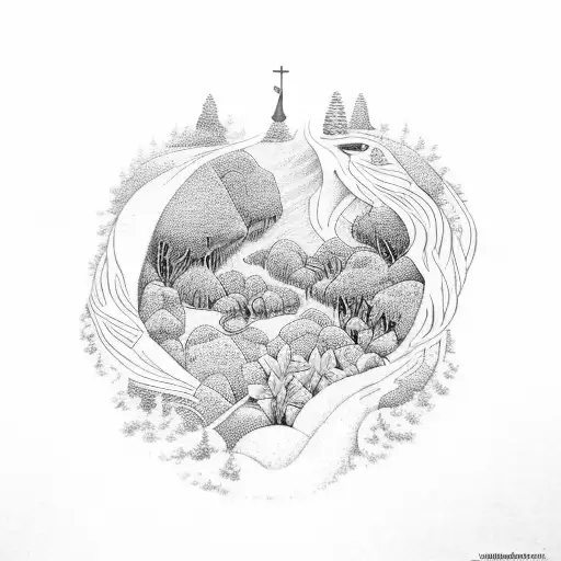 A Spiritual Scene Of A Brazilian Forest With Religious Symbols In Dotwork Style
