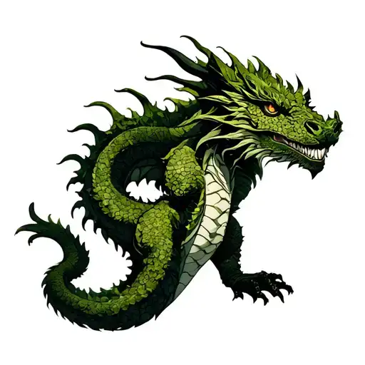 Moss Dragon On The Back With Tail Lying On Right Rib And Head On Left Bicep