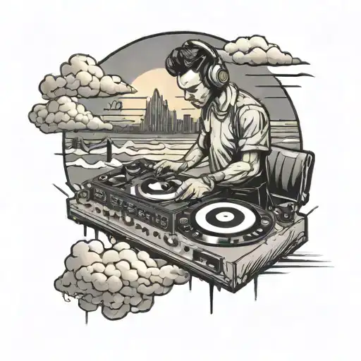 Design A Tattoo Of A Dj Mixing Music With Clouds And A Sunset In The Background