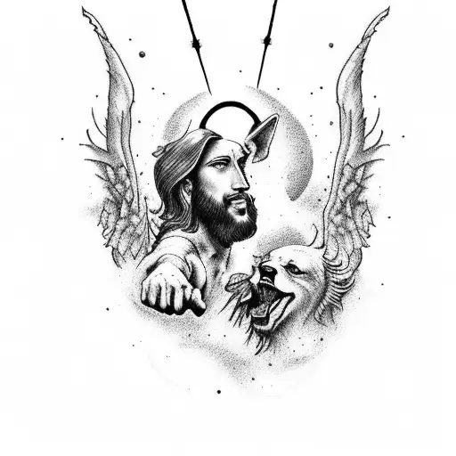 A New-school Tattoo Of Jesus And Cerberus Rocking Out On A Stage Made Of Paintbrushes