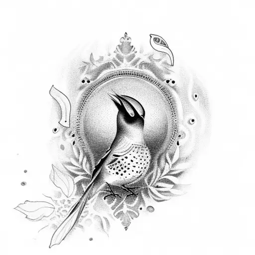 A Dotwork Tattoo Of A Bird Singing While Cooking